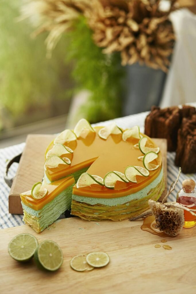 Delicious lime crepe cake with honey, perfect for dessert or special occasions.